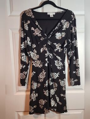 Planet Gold Black Dress with Silver Floral Print V-Neck Stretchy XXL